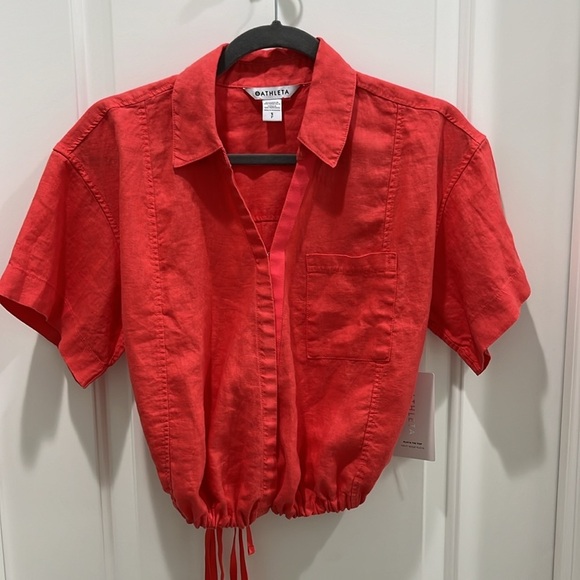 NWT Athleta Playa Linen Tie Short Sleeve Top in Passion Fruit Coral Sz S Petite - Picture 4 of 8
